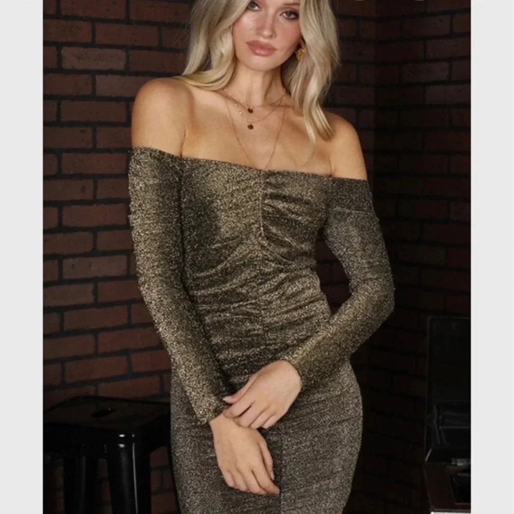 Lurux Shimmering Long Sleeve Off Shoulder Bodycon Dress S L - Picture 5 of 8